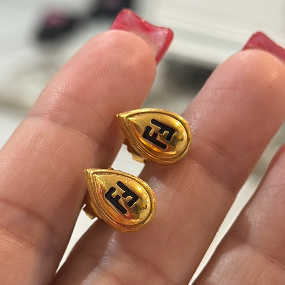 Vintage Fendi FF Gold Teardrop Earrings w/Black Logo 1990